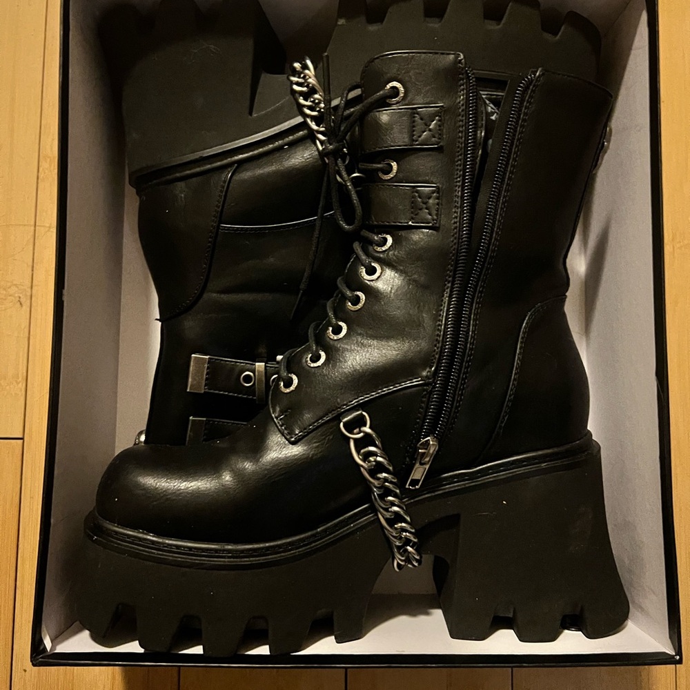 Dolls Kill Lamoda Black Platform Combat Boots with Chains